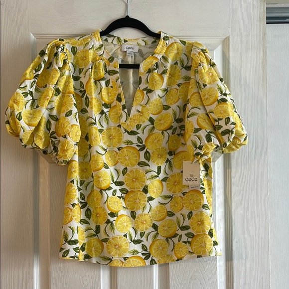 CeCe Tops - CeCe Lemon Print Puff Sleeve Blouse
